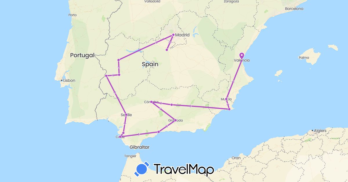 TravelMap itinerary: driving, train in Spain (Europe)